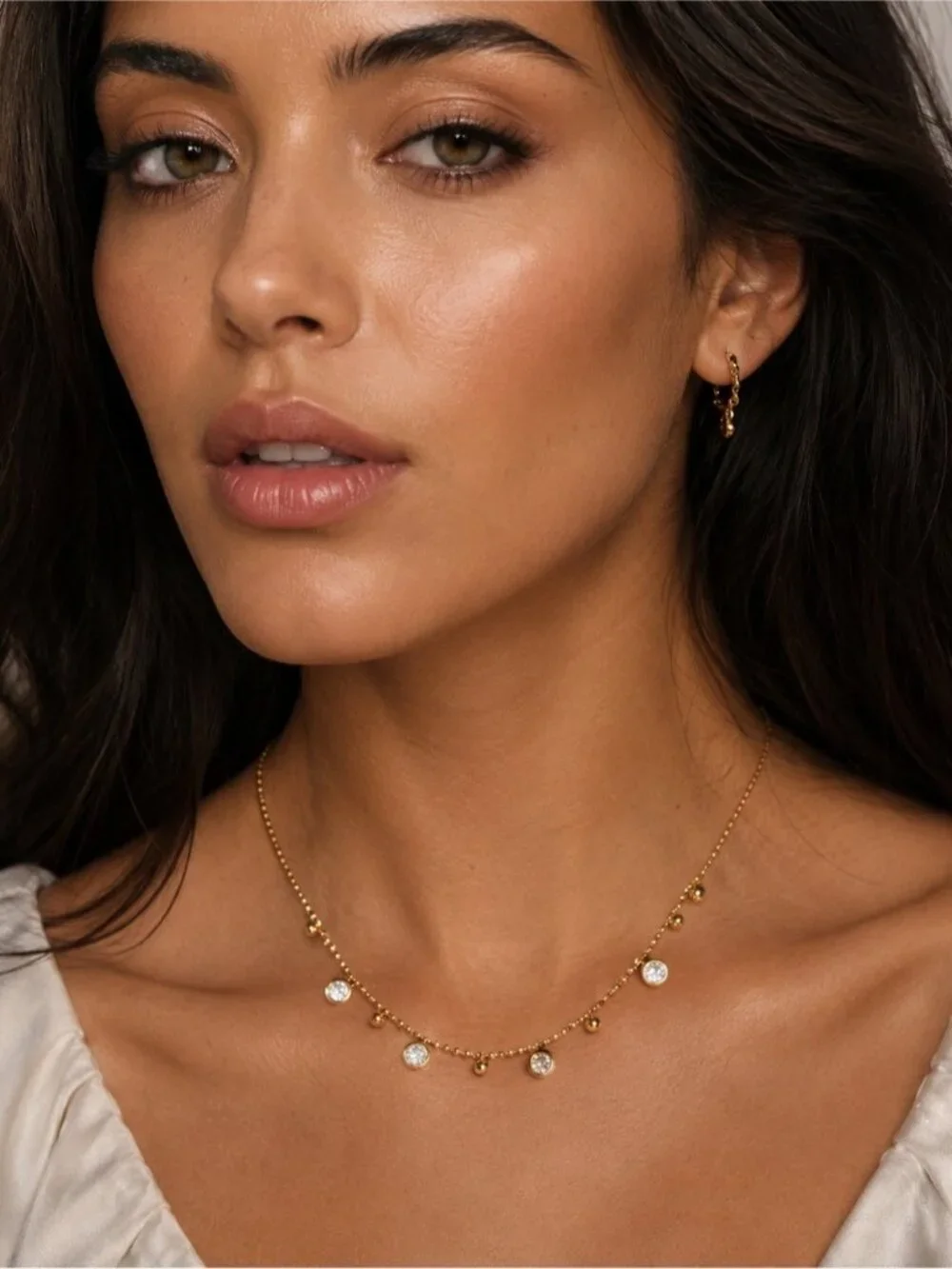 Gold plated Beaded Necklace with Clear Crystal Stations